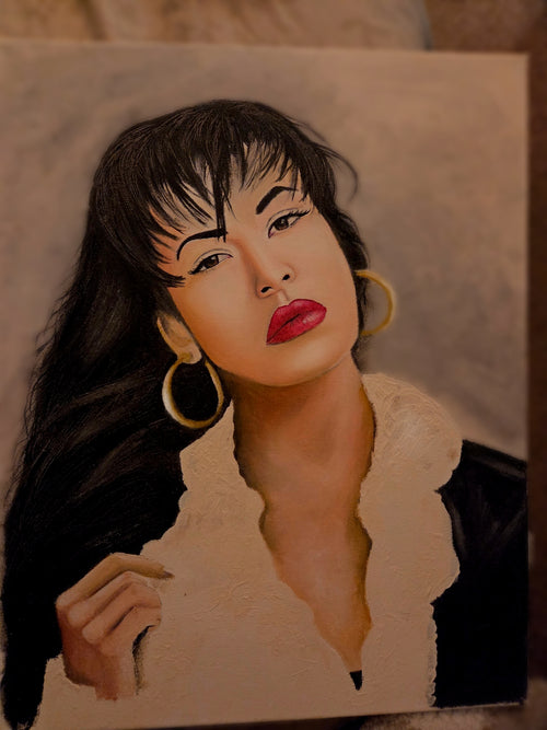 Artistic depiction of a selena with dark hair and red lipstick on a textured surface.
